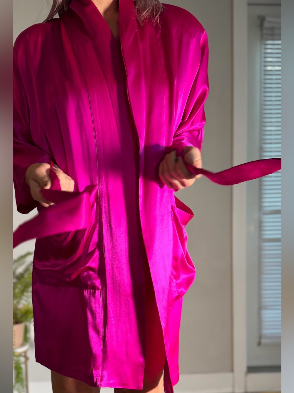 Vintage ADAGIO 100% Pure Silk Fuchsia Luxury Robe – One Size